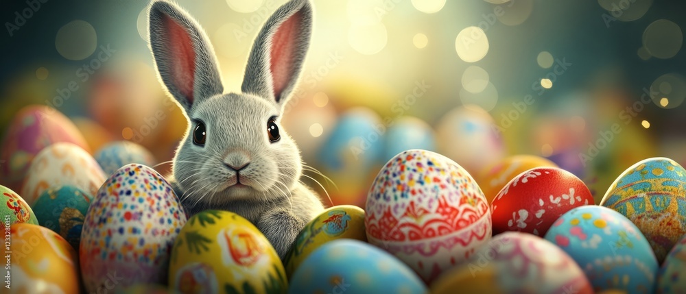 Aufkleber an adorable fluffy bunny is nestled among a colorful array of easter eggs, creating a charming sprin