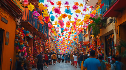 A street filled with colorful decorations and people celebrating a cultural festival with joy and enthusiasm 