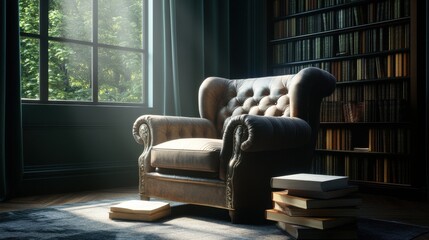 A cozy reading corner with a plush armchair and a stack of books.