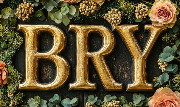 A decorative arrangement featuring the letters "BRY" surrounded by flowers and greenery.