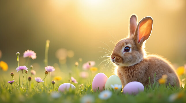 Cute brown bunny rabbit sitting in grass with pastel easter eggs and wildflowers, warm golden hour lighting, blurred background, peaceful easter scene