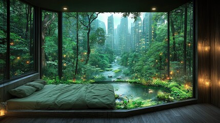 A serene bedroom with a view of a lush, green landscape and modern city skyline.