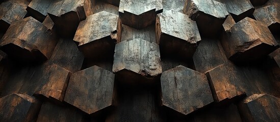 Dark brown wooden hexagonal blocks texture.