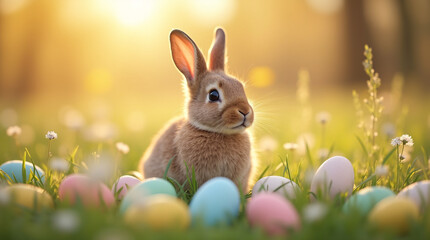 Cute brown bunny rabbit sitting in grass with pastel easter eggs and wildflowers, warm golden hour lighting, blurred background, peaceful easter scene
