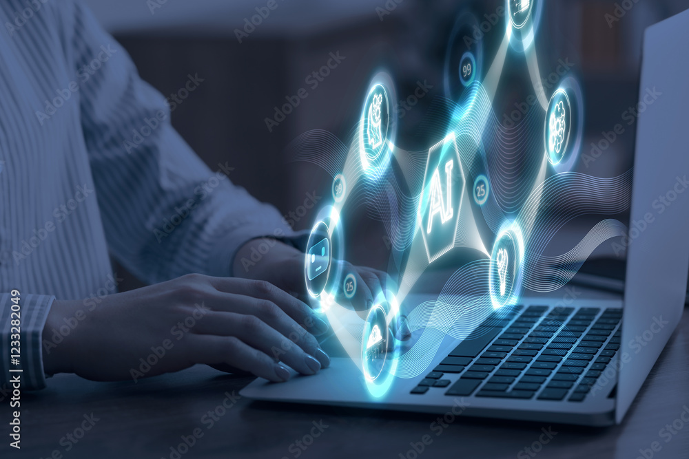 Poster artificial intelligence. woman using laptop at table, closeup. scheme with ai and other icons over c