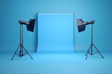 A 3D model showcases a vacant photo studio with backdrops and a spotlight, contrasted by a gradient blue background, creating an adaptable space for various photography purposes.