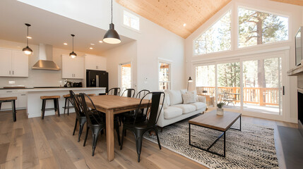 Fototapeta premium Modern mountain home interior, open plan living, dining, kitchen, sunlit