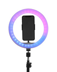 Tripod with ring light and smartphone isolated on white