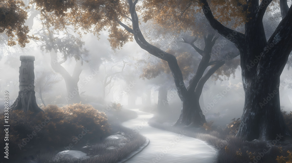 Poster mystical urban park enveloped in fog creates an enchanting atmosphere for quiet reflection and explo