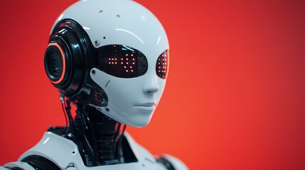Futuristic Robot with LED Eyes Against a Bright Red Background