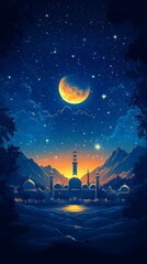 Naklejka premium A Majestic Mosque Under A Vibrant Night Sky, Bathed In The Warm Glow Of A Large, Orange Moon. Tranquil And Magical.