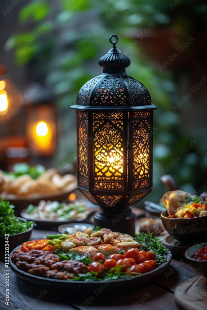 Poster a dimly lit table laden with middle eastern food, illuminated by a lantern, creating a warm and invi