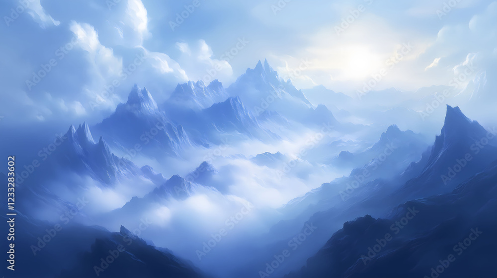 Poster serene mountaintop view enveloped in ethereal fog with soft light illuminating the landscape. genera