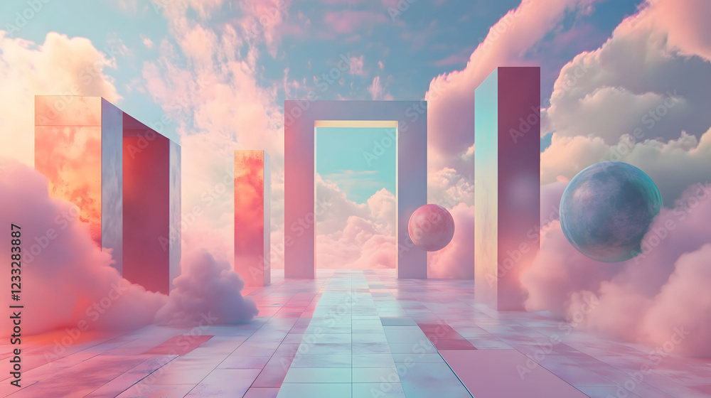 Poster futuristic architecture blends with retro elements in a colorful, dreamlike landscape of clouds and 