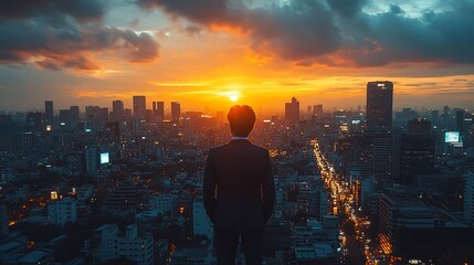 Businessman gazing at a vibrant sunset over a bustling city skyline, reflecting ambition