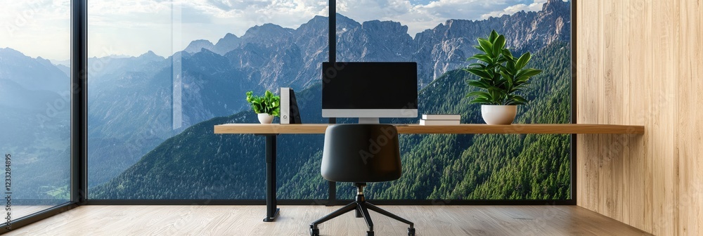Poster a minimalist home office setup with a panoramic window overlooking mountains