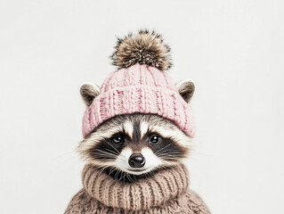 Adorable little raccoon wearing pink knitted hat scarf cozy winter fluffy fur charming Christmas outfit cute seasonal animal portrait holiday minimal decor warm pet look soft love friend zoo home