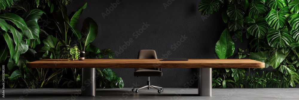 Poster A minimalist workspace setup on a wide wooden table with greenery in the background