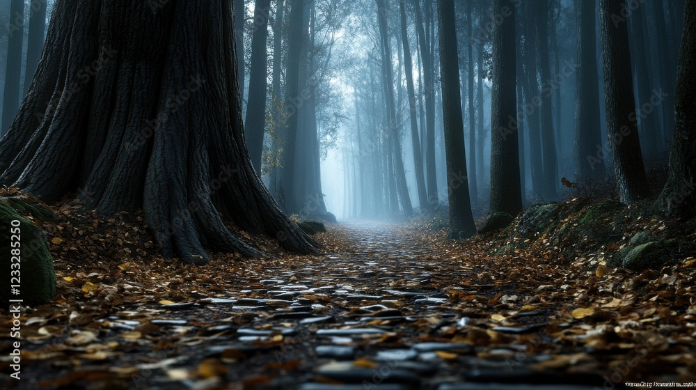 Poster a misty forest trail lined with ancient trees and carpeted in autumn leaves.