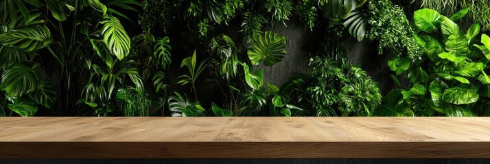 A minimalist workspace setup on a wide wooden table with greenery in the background