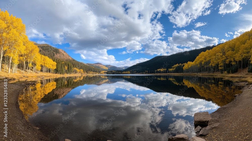 Poster a panoramic view of a serene lake reflecting autumn trees and a cloudy sky
