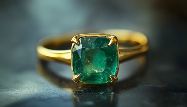 Gold ring displays a vibrant green emerald gemstone