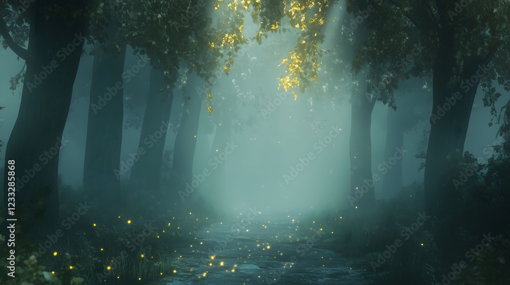 Poster ethereal forest pathway illuminated by soft light in tranquil surroundings. generative ai