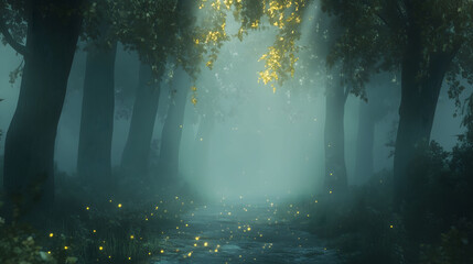 Ethereal Forest Pathway Illuminated by Soft Light in Tranquil Surroundings. Generative AI