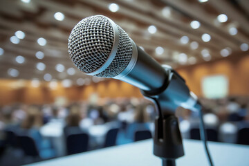 Close-Up of Microphone at a Conference – Public Speaking and Professional Seminar Event  