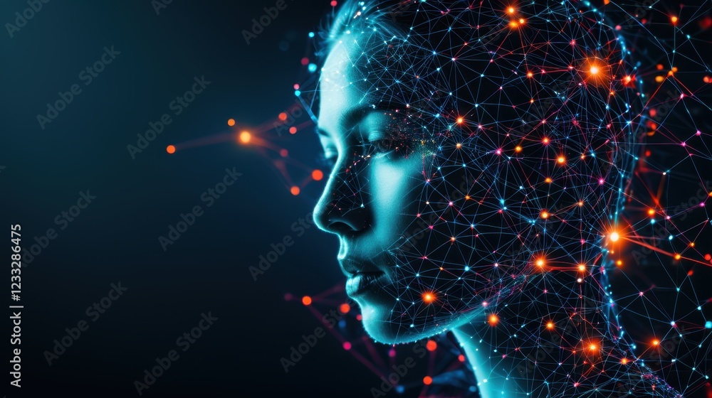 Poster lively data streams and connections merge with digital human profile