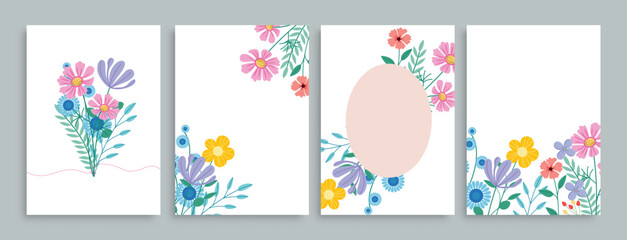 Spring flowers card poster clipart set. Flower colorful drawing clipart collection for greetings, invitation, wedding and birthday card template design. Vector illustration spring floral poster set.  