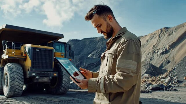 Construction worker monitors equipment status while using a tablet at a quarry site under a clear blue sky