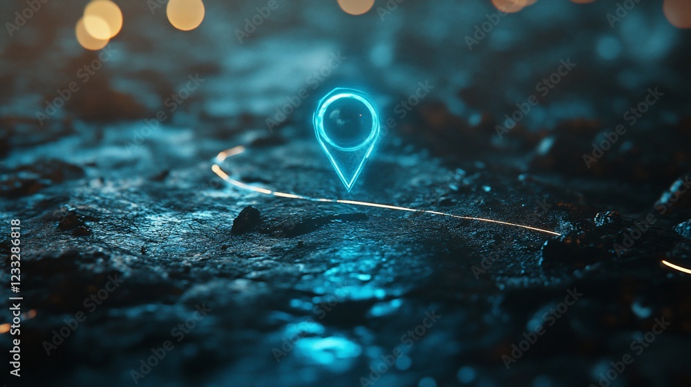 Poster glowing location pin on rough textured ground with a path line in dark background