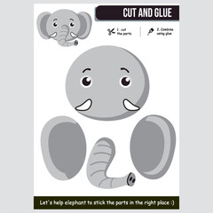 Cute elephant cut and glue activity for kids fun and creative learning. Education concept