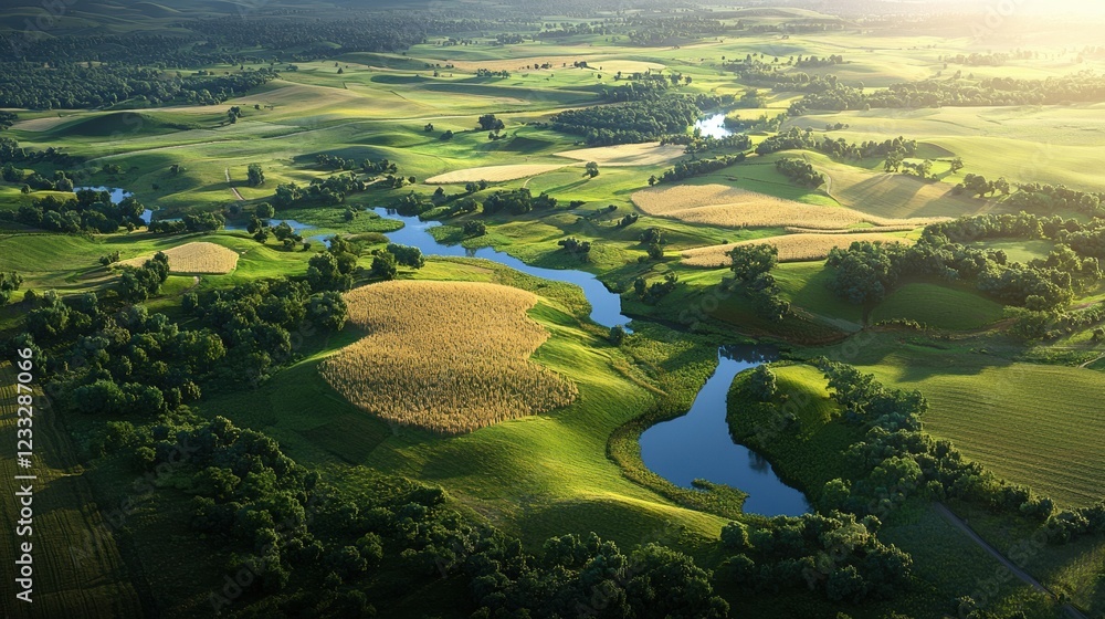 Poster a scenic aerial view of farmland with golden wheat fields