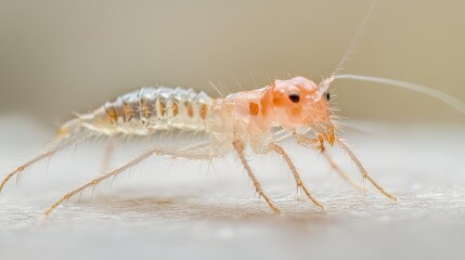 Close-up view of a Pale Insect with long antennae and segmented body resting on a pale surface
