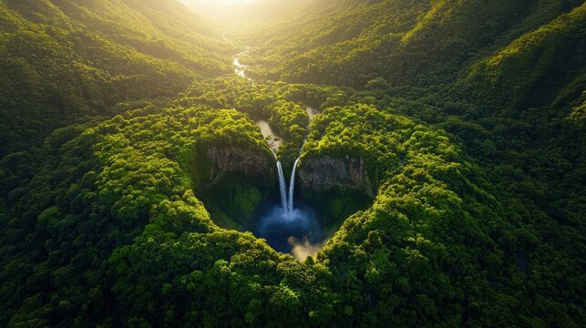 A scenic aerial view of a tropical waterfall surrounded by lush fores