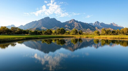 A scenic shot of a tranquil lake reflecting a mountain range, high clarity