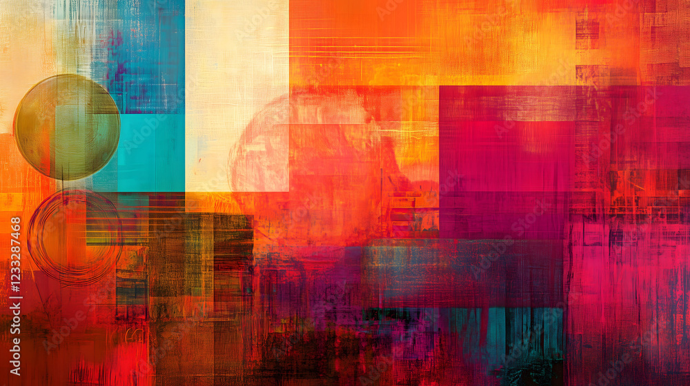 Poster vibrant geometric composition showcasing overlapping shapes and colors in a modern art style. genera
