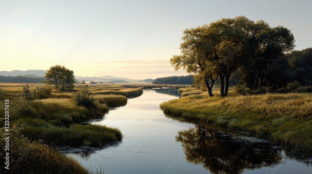 Poster a scenic view of a tranquil river with a wooden bridge in the distance