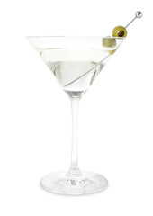Martini cocktail with olives in glass isolated on white