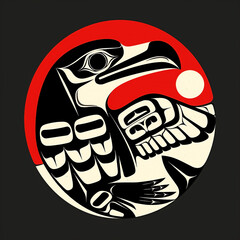 Traditional Inuit Haida folk art of a stylized eagle in textured black, white and red for logo or tattoo. Pacific Northwest Haida art.