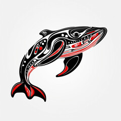 Traditional Inuit Haida folk art of a stylized whale in textured black, white and red for logo or tattoo. Pacific Northwest Haida art.