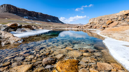Mountain lake reflection, clear water, rocky shore, sunny day, travel scenery