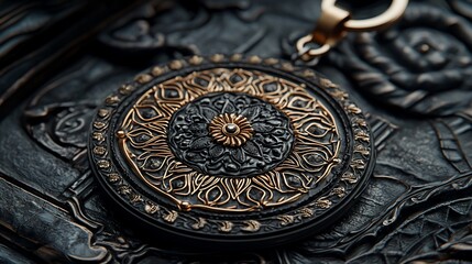 Naklejka premium Ornate Black And Gold Circular Pendant Keychain