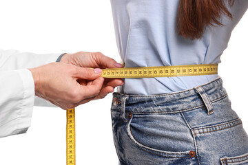 Weight loss. Nutritionist measuring patient's waist with tape on white background, closeup
