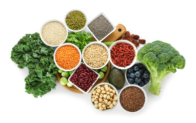 Superfood. Different healthy food products isolated on white, top view