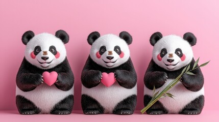 Obraz premium Cute Panda Figurines Holding Hearts and Bamboo on Pink Background