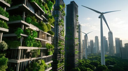 A sustainable cityscape featuring green architecture and wind turbines