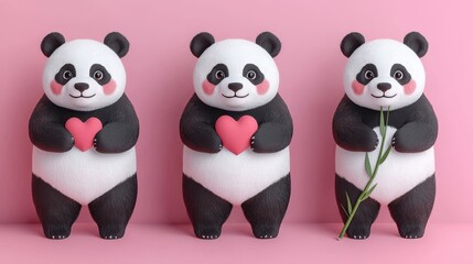 Obraz premium Cute Cartoon Pandas Holding Hearts on Pink Background Decoration